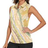 Yellow Palaka Hawaii Leis Women Sleeveless Polo Shirt Hawaiian-plaid Elegant Tropical Vibes - Polynesian Pride