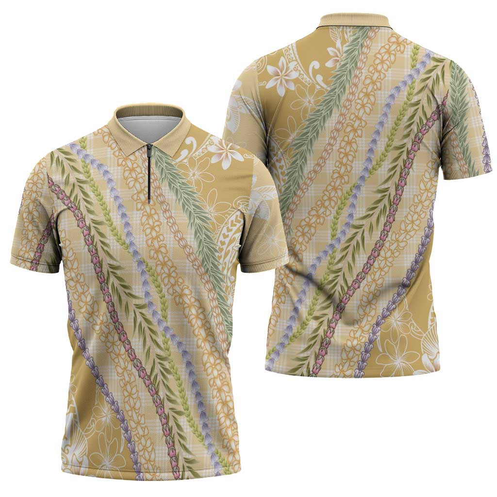 Yellow Palaka Hawaii Leis Zipper Polo Shirt Hawaiian-plaid Elegant Tropical Vibes - Polynesian Pride