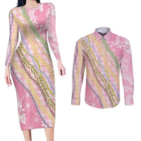 Pink Palaka Hawaii Leis Couples Matching Long Sleeve Bodycon Dress and Long Sleeve Button Shirt Hawaiian-plaid Elegant Tropical Vibes - Polynesian Pride