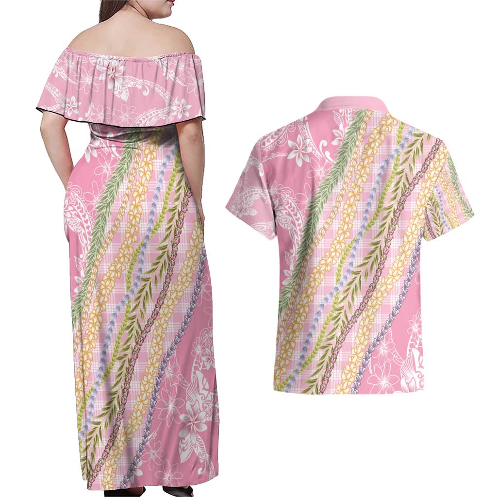 Pink Palaka Hawaii Leis Couples Matching Off Shoulder Maxi Dress and Hawaiian Shirt Hawaiian-plaid Elegant Tropical Vibes - Polynesian Pride