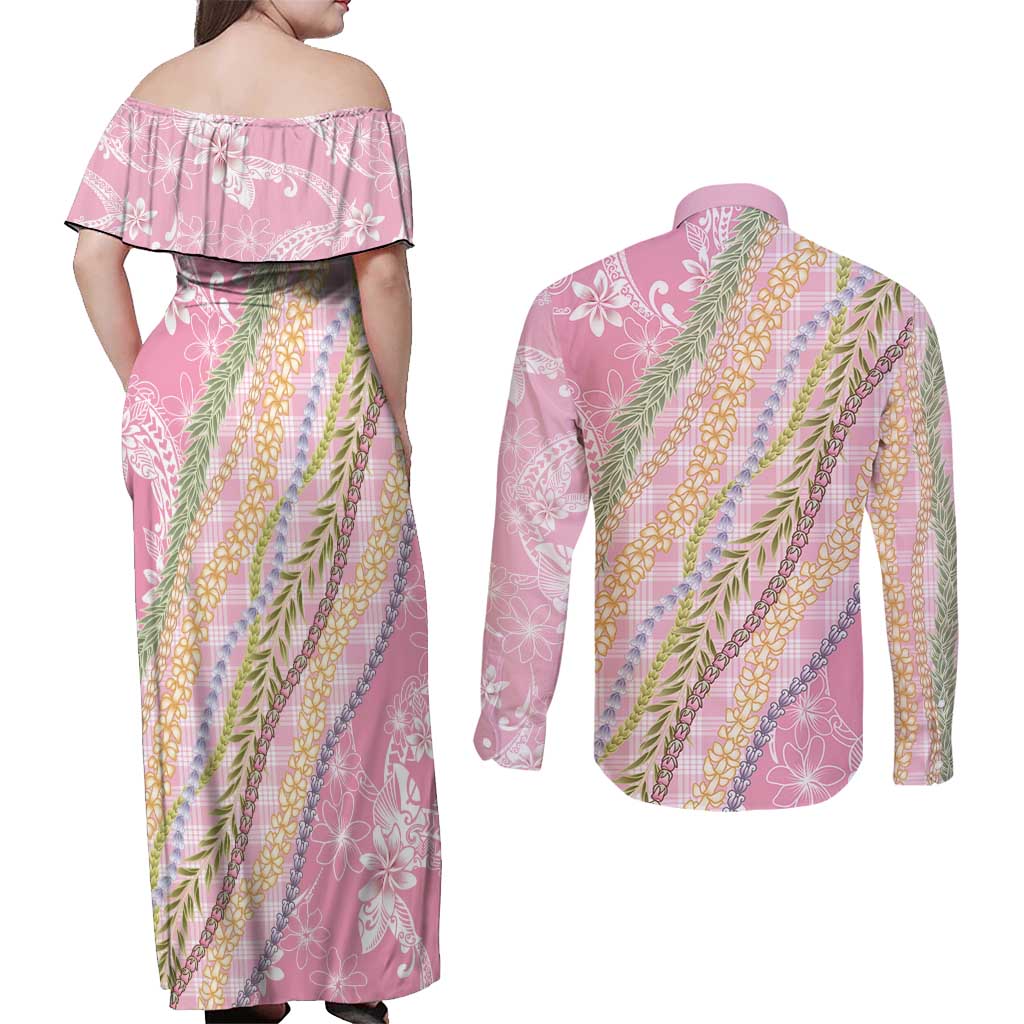 Pink Palaka Hawaii Leis Couples Matching Off Shoulder Maxi Dress and Long Sleeve Button Shirt Hawaiian-plaid Elegant Tropical Vibes - Polynesian Pride