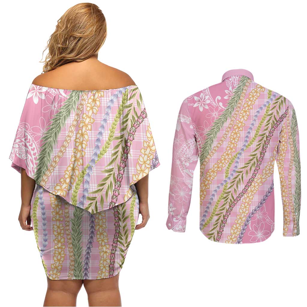 Pink Palaka Hawaii Leis Couples Matching Off Shoulder Short Dress and Long Sleeve Button Shirt Hawaiian-plaid Elegant Tropical Vibes - Polynesian Pride