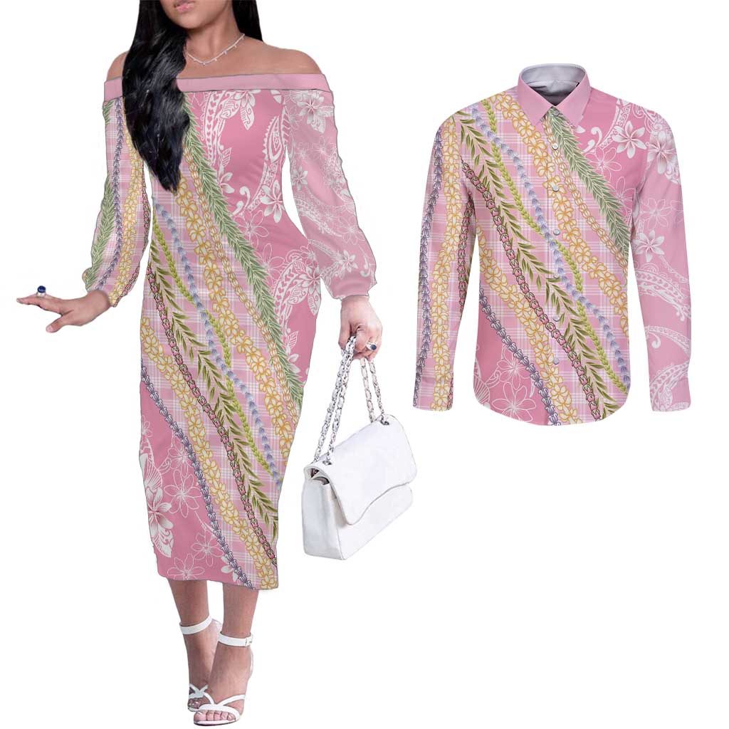 Pink Palaka Hawaii Leis Couples Matching Off The Shoulder Long Sleeve Dress and Long Sleeve Button Shirt Hawaiian-plaid Elegant Tropical Vibes - Polynesian Pride