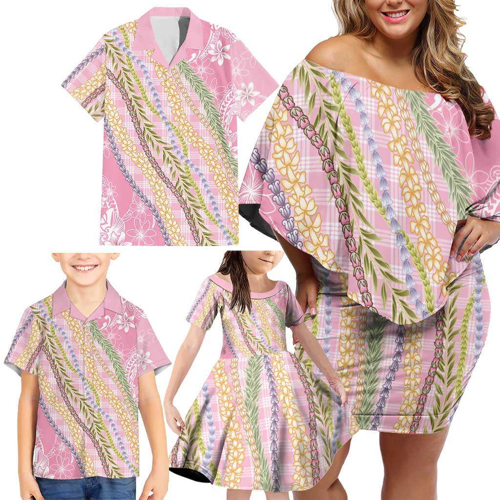 Pink Palaka Hawaii Leis Family Matching Off Shoulder Short Dress and Hawaiian Shirt Hawaiian-plaid Elegant Tropical Vibes LT14 - Polynesian Pride