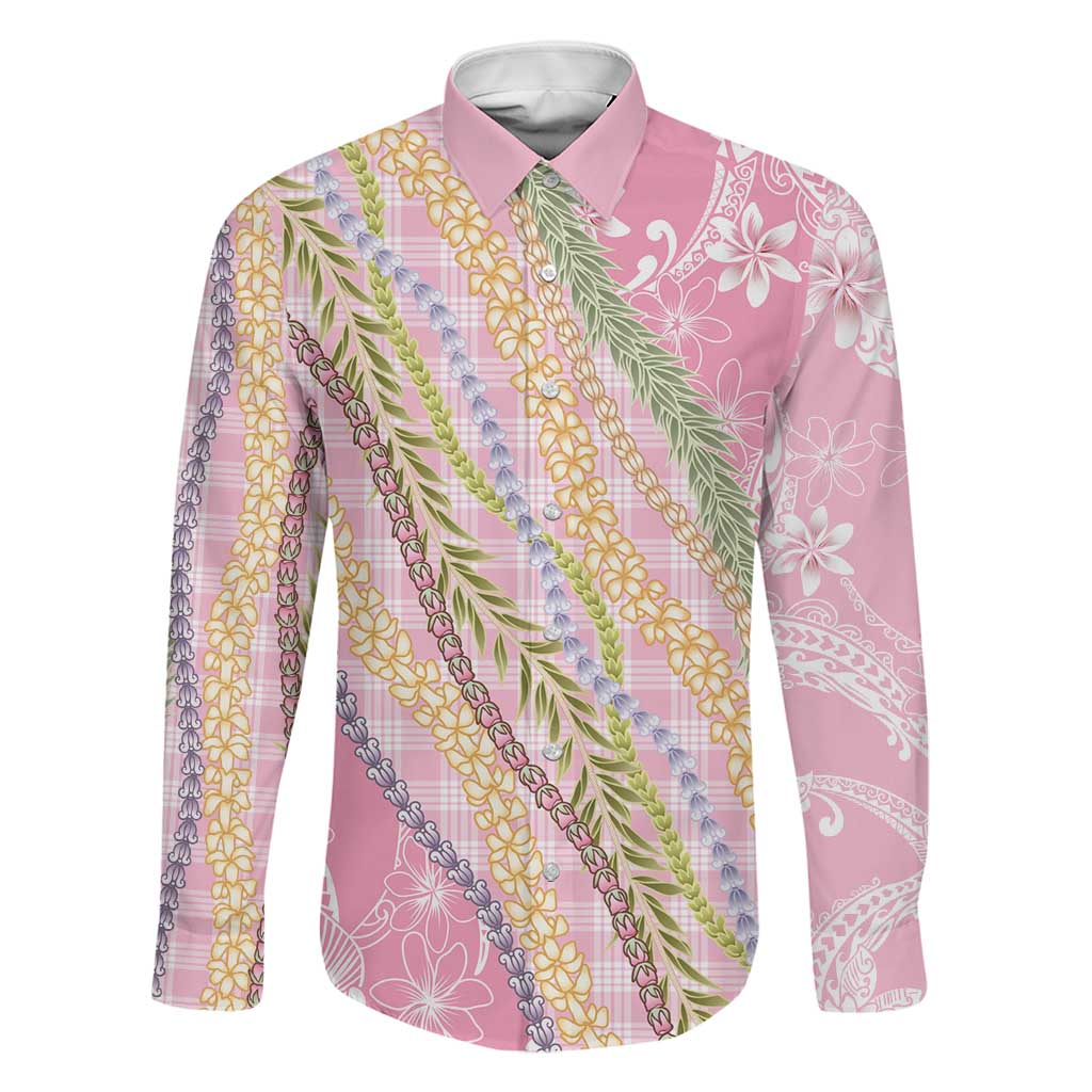 Pink Palaka Hawaii Leis Family Matching Off Shoulder Short Dress and Hawaiian Shirt Hawaiian-plaid Elegant Tropical Vibes LT14 Dad's Shirt - Long Sleeve Pink - Polynesian Pride