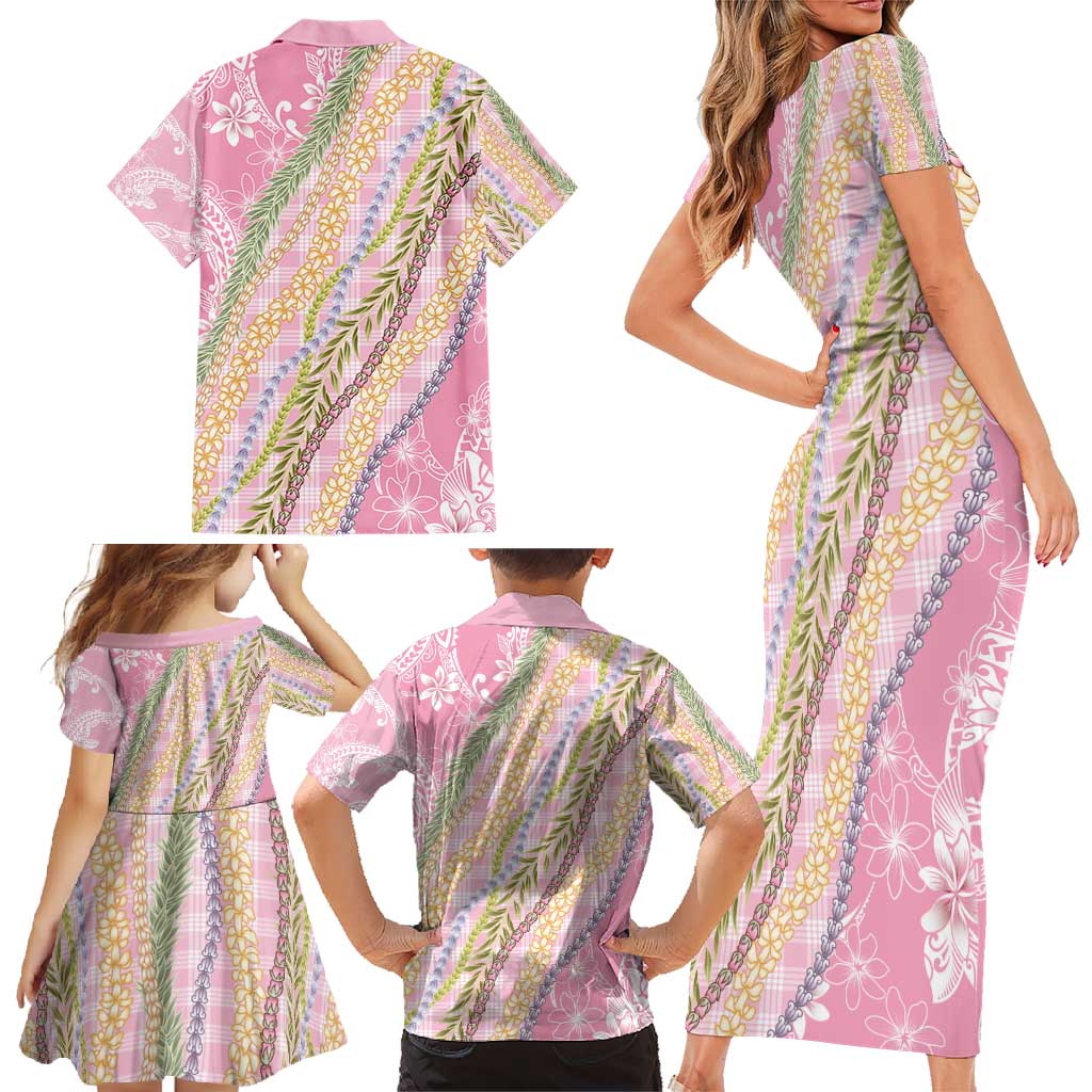 Pink Palaka Hawaii Leis Family Matching Short Sleeve Bodycon Dress and Hawaiian Shirt Hawaiian-plaid Elegant Tropical Vibes - Polynesian Pride