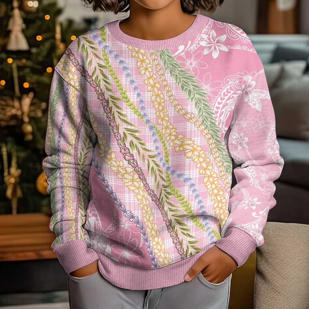 Pink Palaka Hawaii Leis Kid Ugly Christmas Sweater Hawaiian-plaid Elegant Tropical Vibes - Polynesian Pride