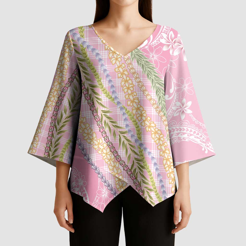 Pink Palaka Hawaii Leis Kimono Sleeve Blouse Hawaiian-plaid Elegant Tropical Vibes - Polynesian Pride
