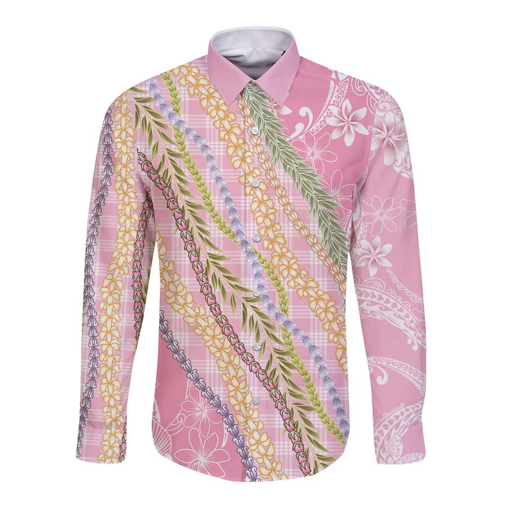 Pink Palaka Hawaii Leis Long Sleeve Button Shirt Hawaiian-plaid Elegant Tropical Vibes - Polynesian Pride