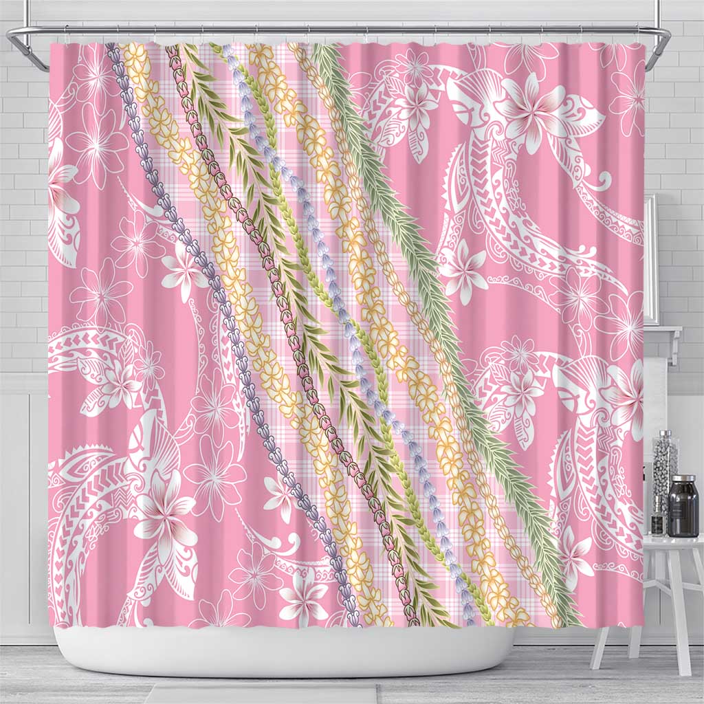Pink Palaka Hawaii Leis Shower Curtain Hawaiian-plaid Elegant Tropical Vibes - Polynesian Pride