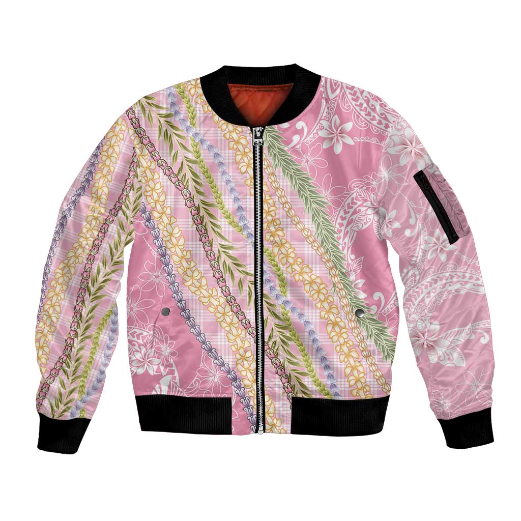 Pink Palaka Hawaii Leis Sleeve Zip Bomber Jacket Hawaiian-plaid Elegant Tropical Vibes LT14 Unisex Pink - Polynesian Pride