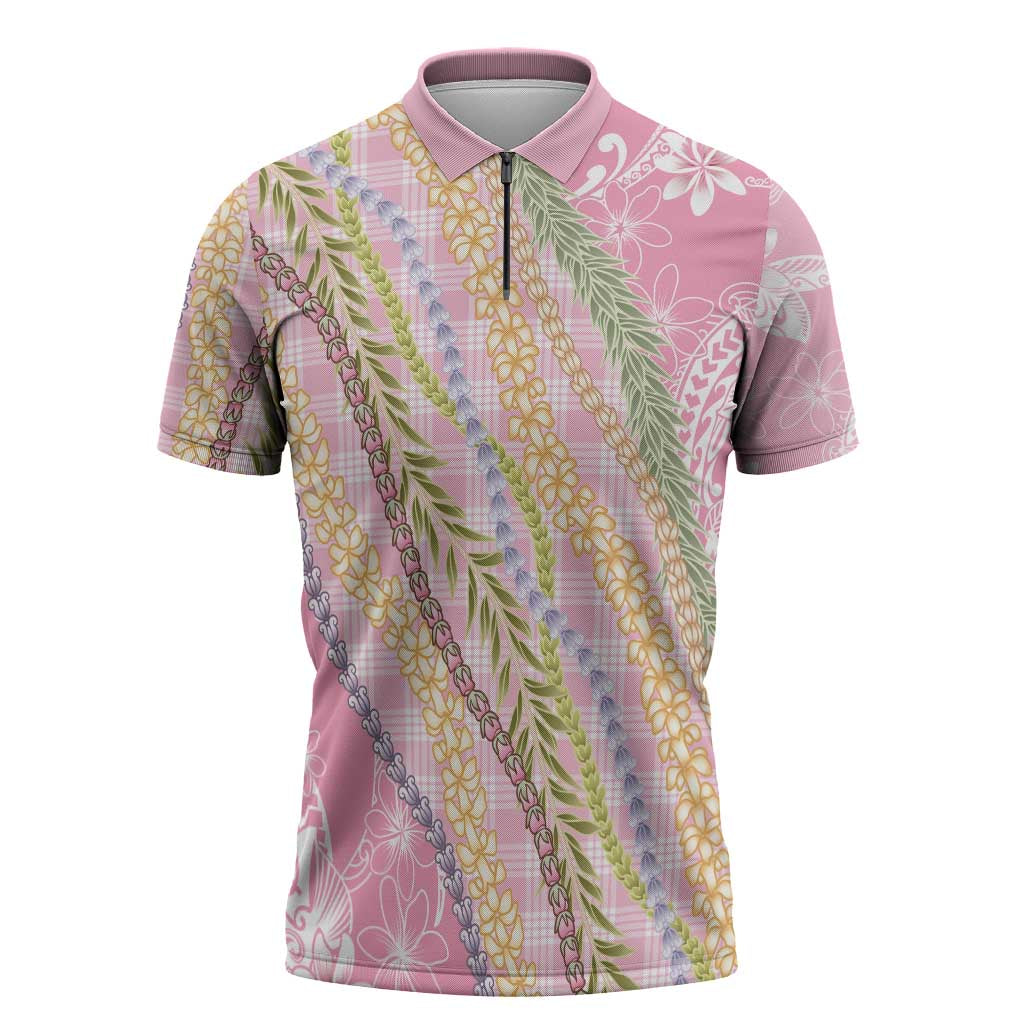 Pink Palaka Hawaii Leis Zipper Polo Shirt Hawaiian-plaid Elegant Tropical Vibes - Polynesian Pride