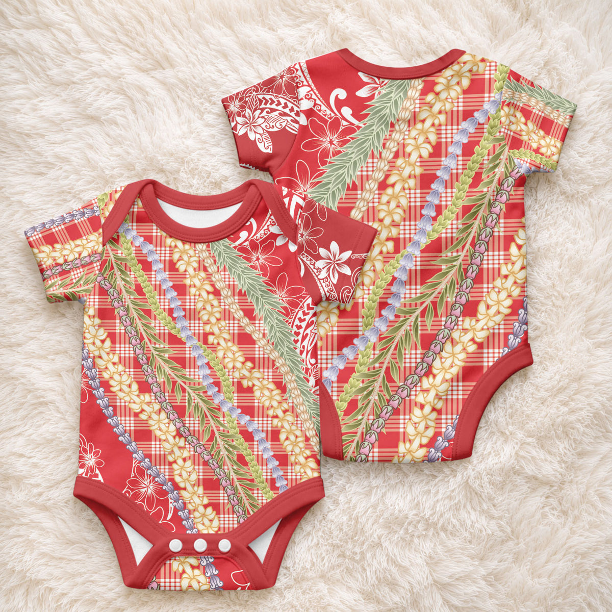 Red Palaka Hawaii Leis Baby Onesie Hawaiian-plaid Elegant Tropical Vibes
