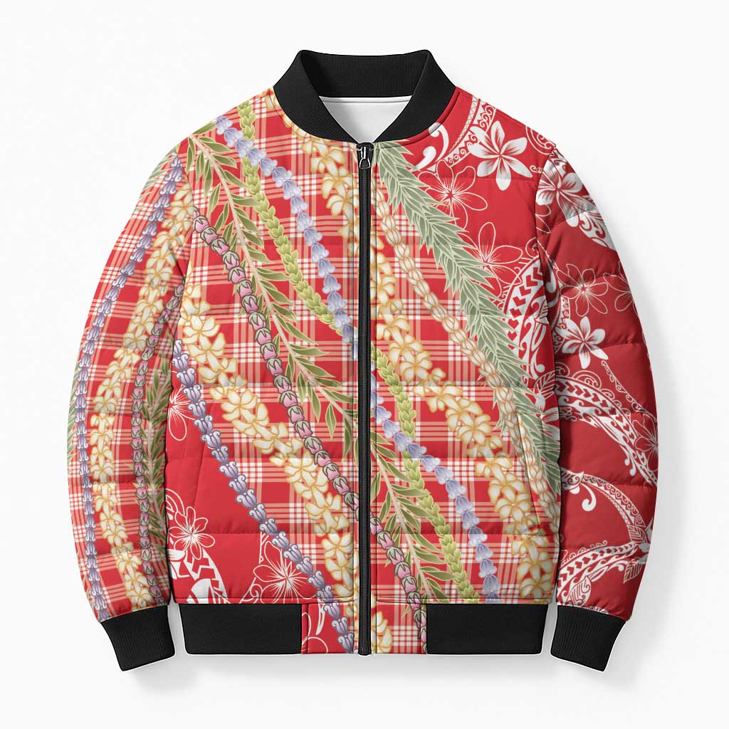 Red Palaka Hawaii Leis Bomber Puffer Jacket Hawaiian-plaid Elegant Tropical Vibes - Polynesian Pride