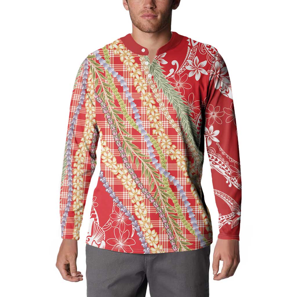 Red Palaka Hawaii Leis Button Sweatshirt Hawaiian-plaid Elegant Tropical Vibes - Polynesian Pride