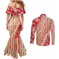 Red Palaka Hawaii Leis Couples Matching Mermaid Dress and Long Sleeve Button Shirt Hawaiian-plaid Elegant Tropical Vibes - Polynesian Pride