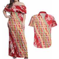 Red Palaka Hawaii Leis Couples Matching Off Shoulder Maxi Dress and Hawaiian Shirt Hawaiian-plaid Elegant Tropical Vibes - Polynesian Pride