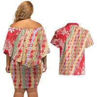 Red Palaka Hawaii Leis Couples Matching Off Shoulder Short Dress and Hawaiian Shirt Hawaiian-plaid Elegant Tropical Vibes - Polynesian Pride
