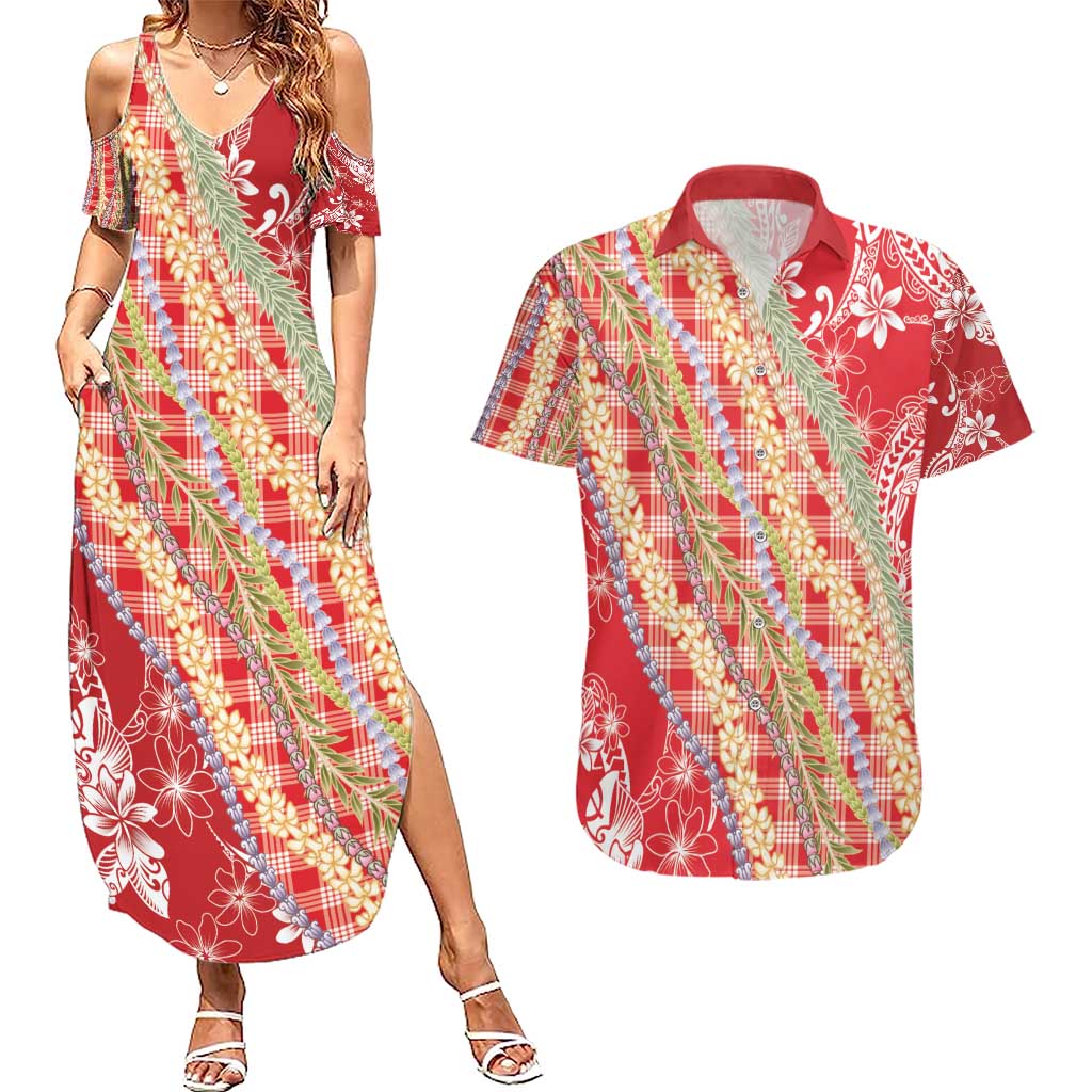 Red Palaka Hawaii Leis Couples Matching Summer Maxi Dress and Hawaiian Shirt Hawaiian-plaid Elegant Tropical Vibes - Polynesian Pride