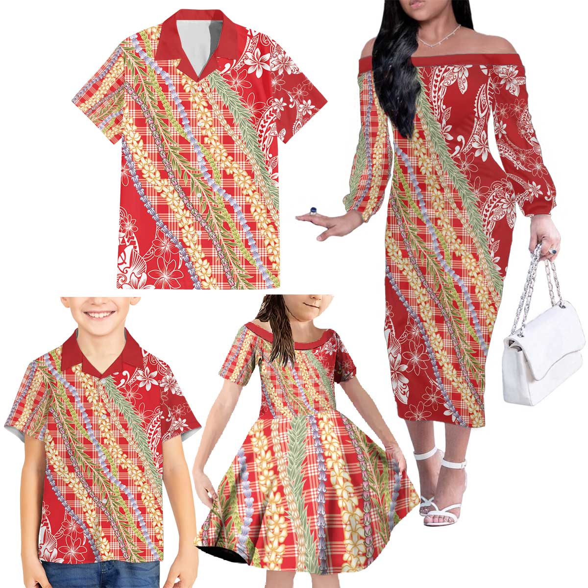 Red Palaka Hawaii Leis Family Matching Off The Shoulder Long Sleeve Dress and Hawaiian Shirt Hawaiian-plaid Elegant Tropical Vibes - Polynesian Pride