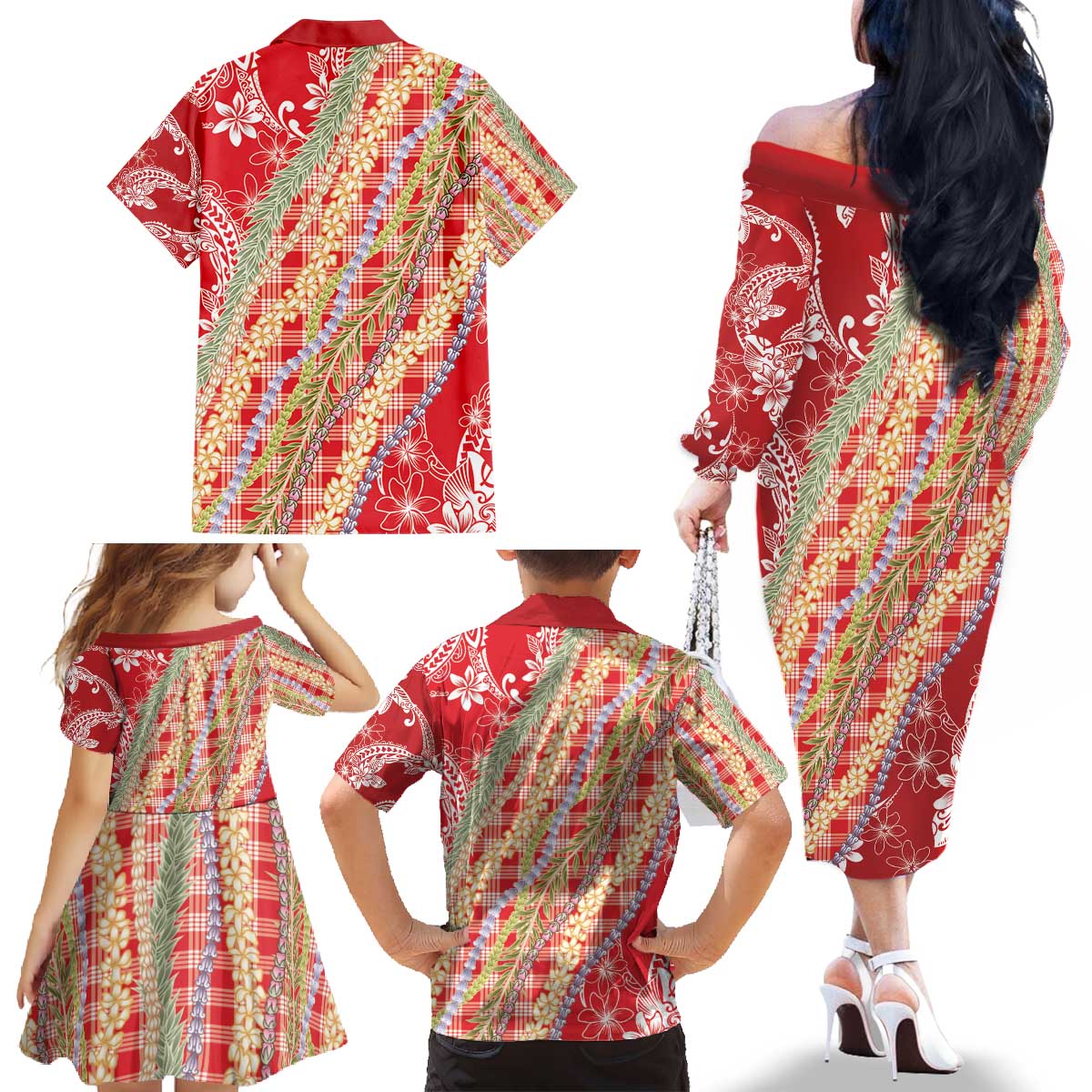Red Palaka Hawaii Leis Family Matching Off The Shoulder Long Sleeve Dress and Hawaiian Shirt Hawaiian-plaid Elegant Tropical Vibes - Polynesian Pride
