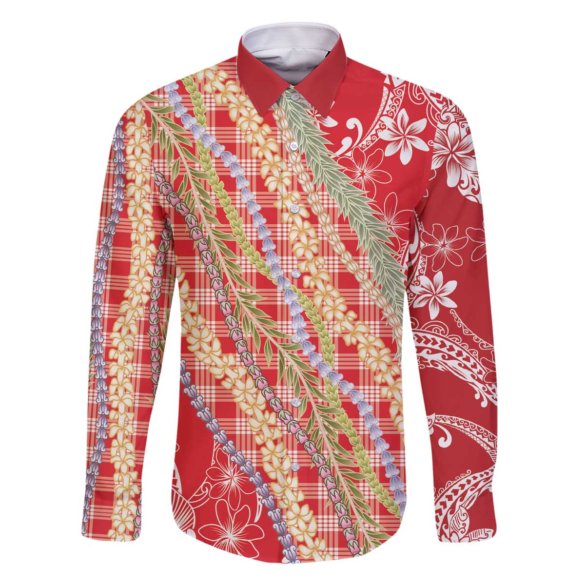 Red Palaka Hawaii Leis Family Matching Off The Shoulder Long Sleeve Dress and Hawaiian Shirt Hawaiian-plaid Elegant Tropical Vibes - Polynesian Pride