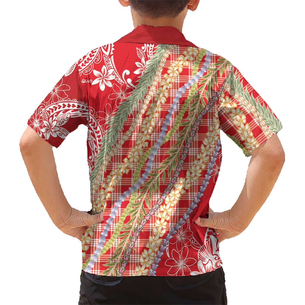 Red Palaka Hawaii Leis Family Matching Off Shoulder Maxi Dress and Hawaiian Shirt Hawaiian-plaid Elegant Tropical Vibes - Polynesian Pride