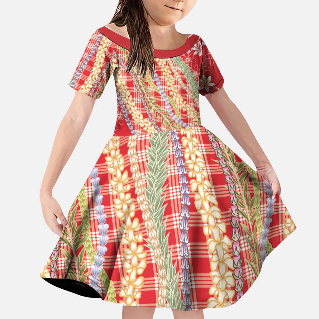 Red Palaka Hawaii Leis Family Matching Off Shoulder Maxi Dress and Hawaiian Shirt Hawaiian-plaid Elegant Tropical Vibes - Polynesian Pride