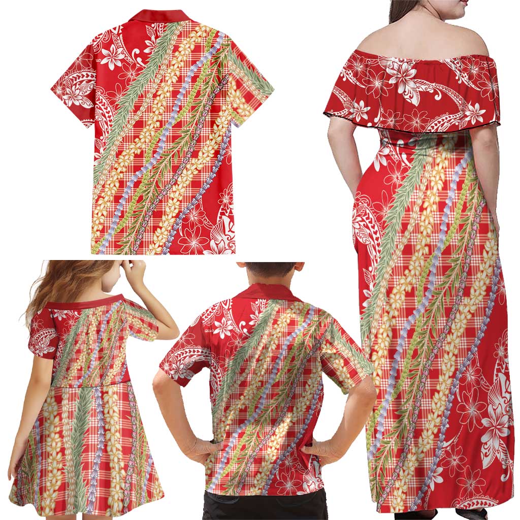 Red Palaka Hawaii Leis Family Matching Off Shoulder Maxi Dress and Hawaiian Shirt Hawaiian-plaid Elegant Tropical Vibes - Polynesian Pride