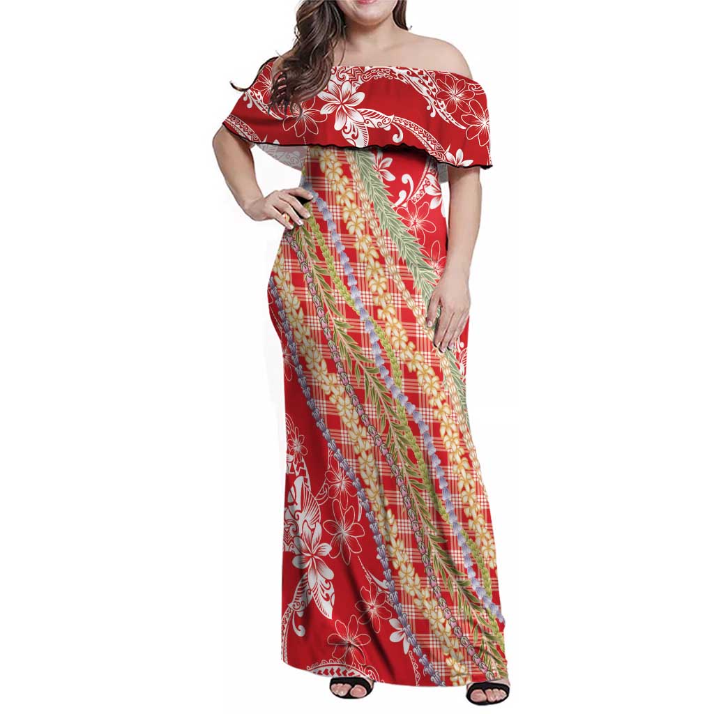 Red Palaka Hawaii Leis Family Matching Off Shoulder Maxi Dress and Hawaiian Shirt Hawaiian-plaid Elegant Tropical Vibes - Polynesian Pride