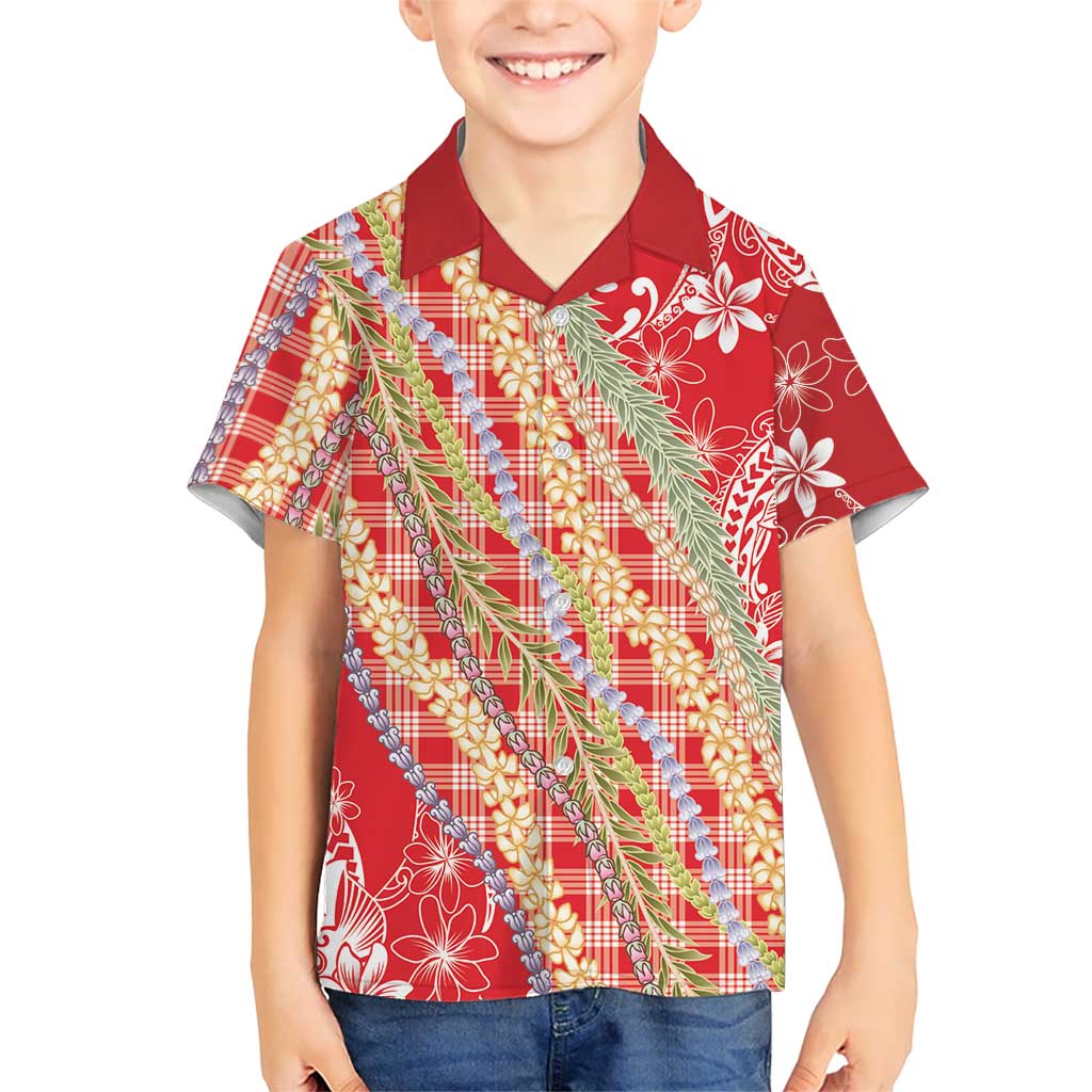 Red Palaka Hawaii Leis Family Matching Off Shoulder Maxi Dress and Hawaiian Shirt Hawaiian-plaid Elegant Tropical Vibes - Polynesian Pride