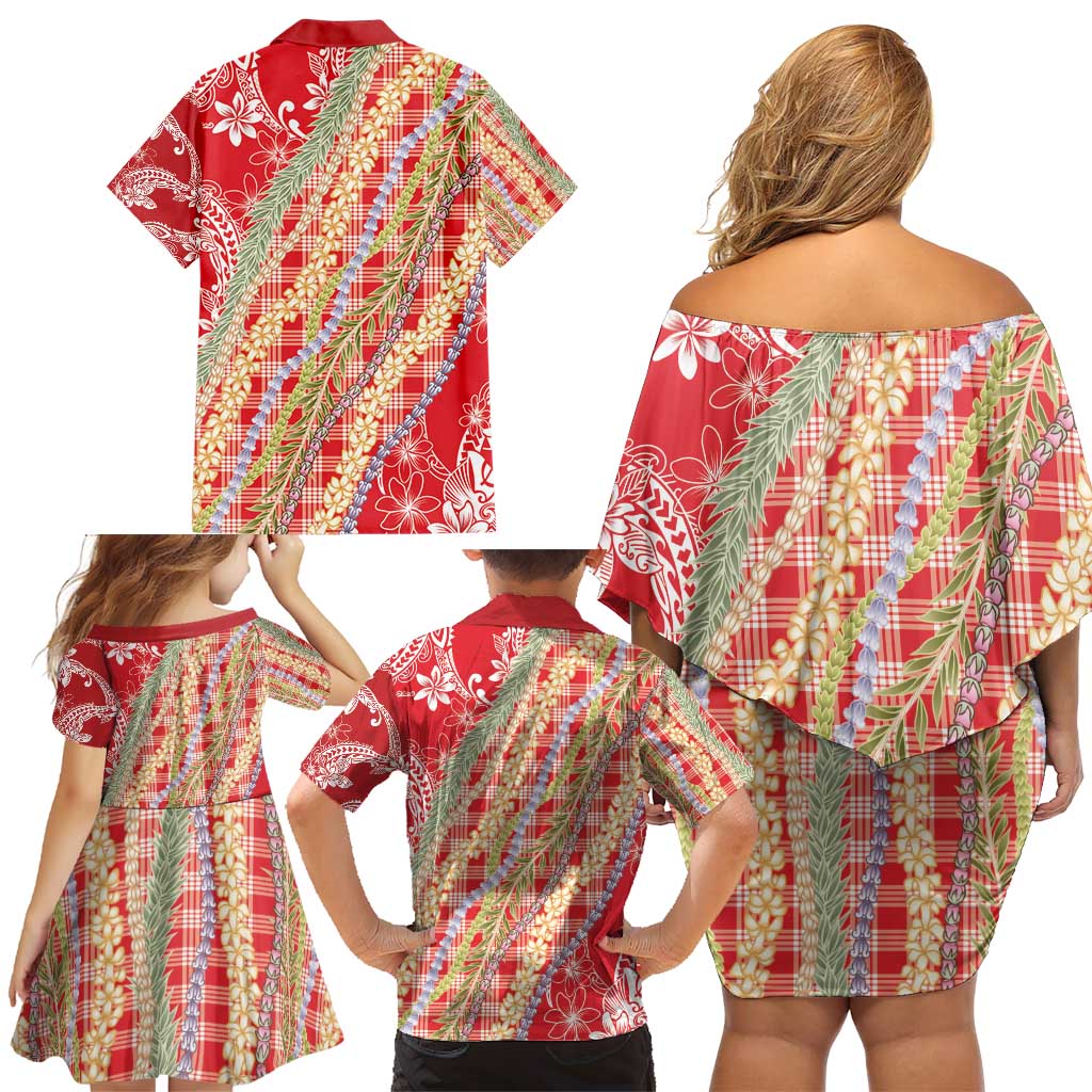 Red Palaka Hawaii Leis Family Matching Off Shoulder Short Dress and Hawaiian Shirt Hawaiian-plaid Elegant Tropical Vibes - Polynesian Pride