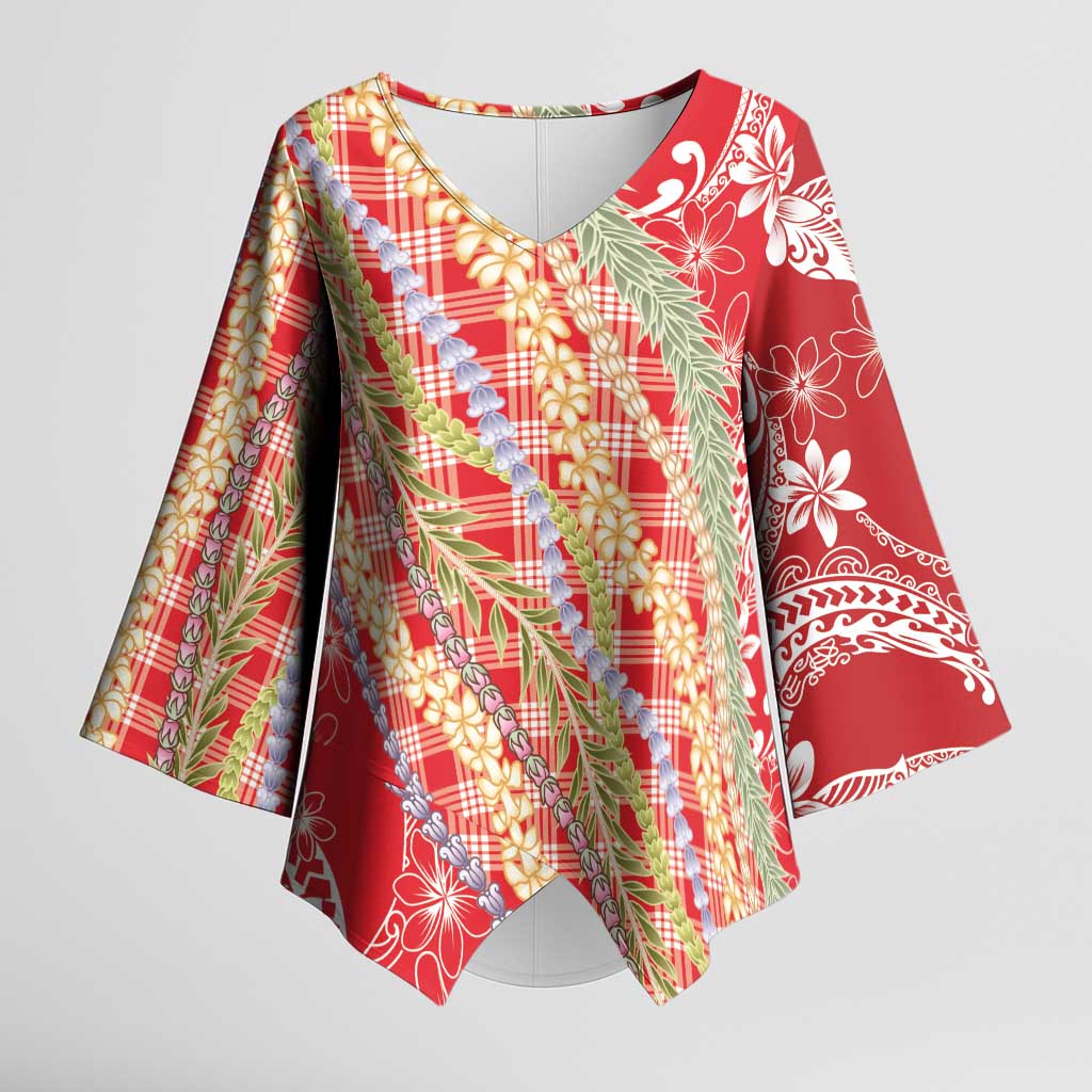 Red Palaka Hawaii Leis Kimono Sleeve Blouse Hawaiian-plaid Elegant Tropical Vibes - Polynesian Pride