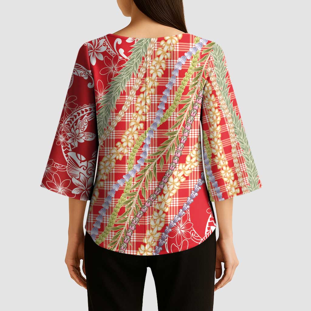 Red Palaka Hawaii Leis Kimono Sleeve Blouse Hawaiian-plaid Elegant Tropical Vibes - Polynesian Pride