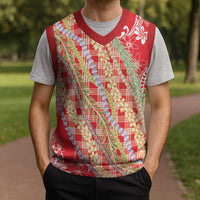 Red Palaka Hawaii Leis Christmas Knitted V-Neck Vest Hawaiian-plaid Elegant Tropical Vibes - Polynesian Pride
