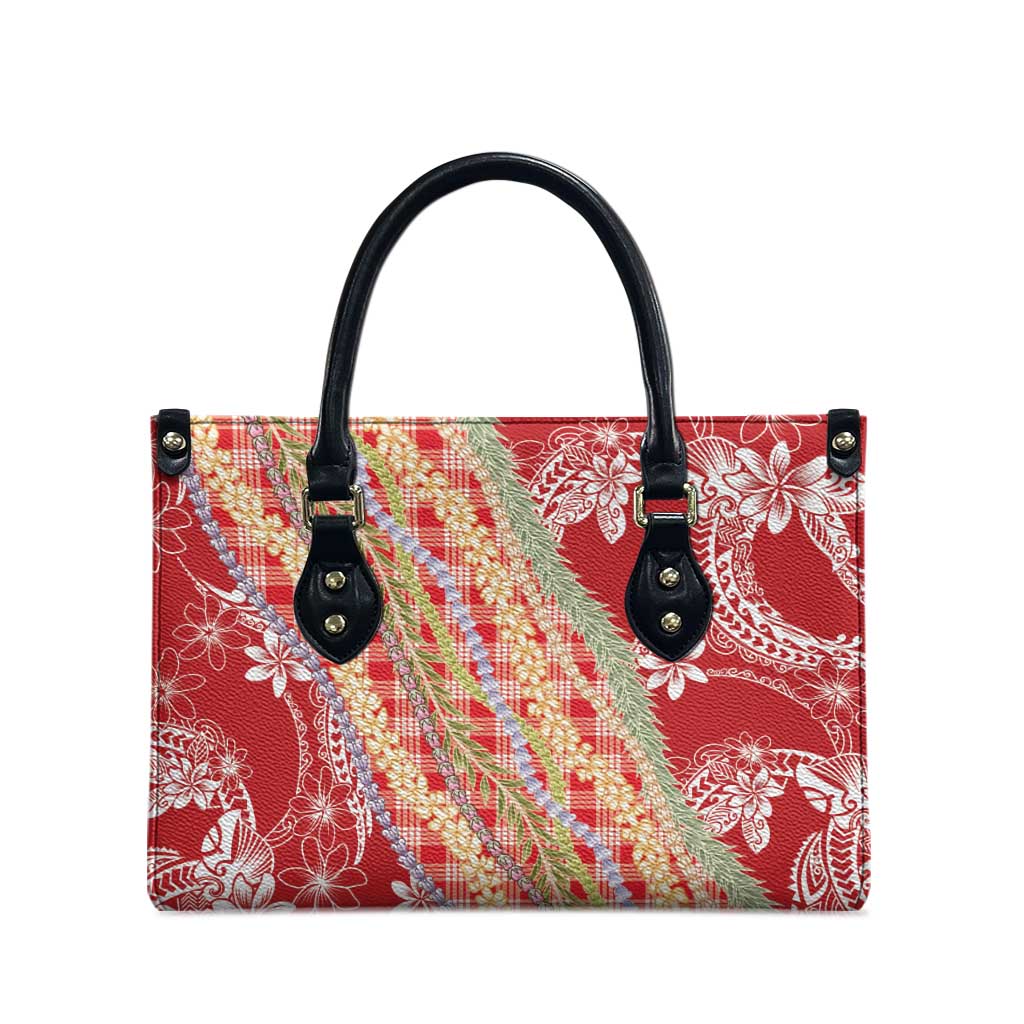 Red Palaka Hawaii Leis Leather Bag Hawaiian-plaid Elegant Tropical Vibes - Polynesian Pride