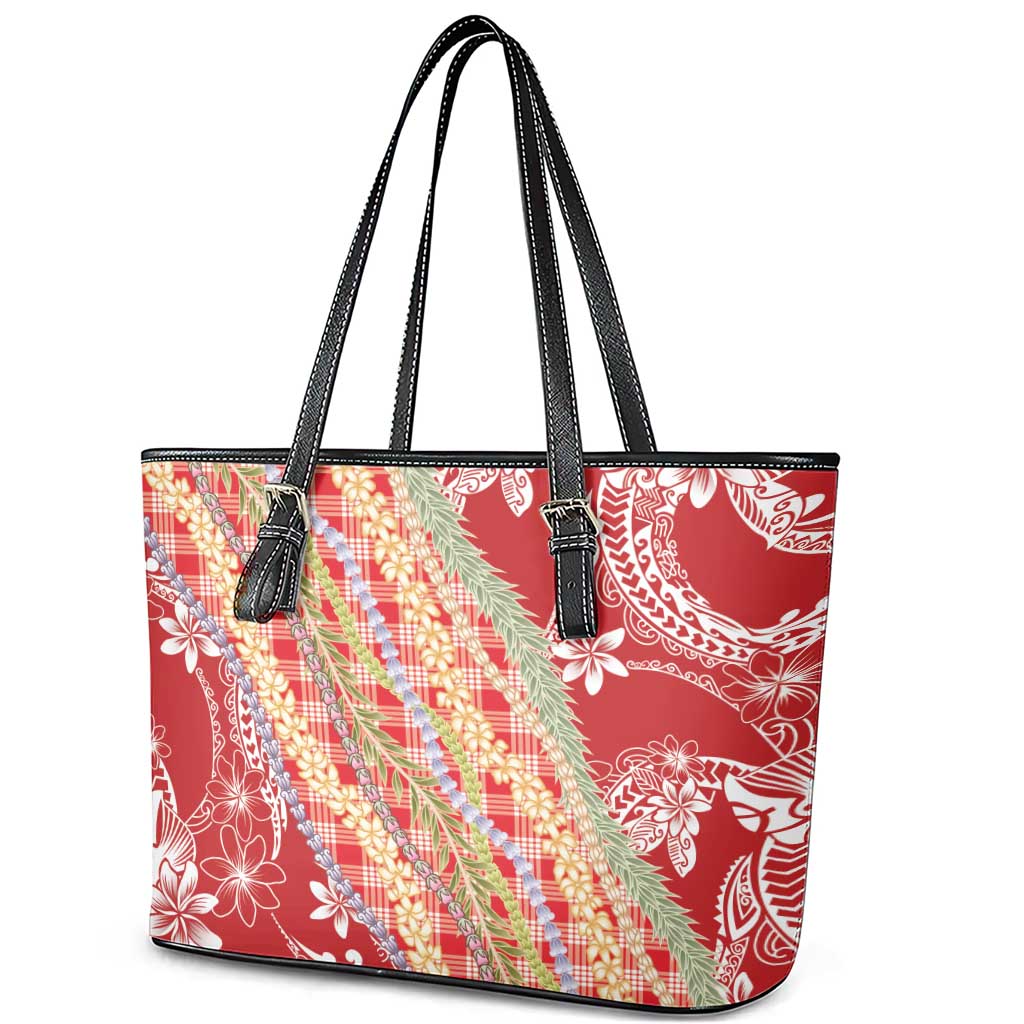 Red Palaka Hawaii Leis Leather Tote Bag Hawaiian-plaid Elegant Tropical Vibes - Polynesian Pride