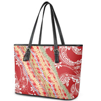 Red Palaka Hawaii Leis Leather Tote Bag Hawaiian-plaid Elegant Tropical Vibes - Polynesian Pride