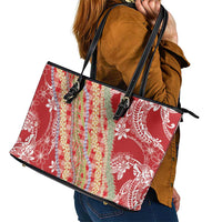 Red Palaka Hawaii Leis Leather Tote Bag Hawaiian-plaid Elegant Tropical Vibes - Polynesian Pride