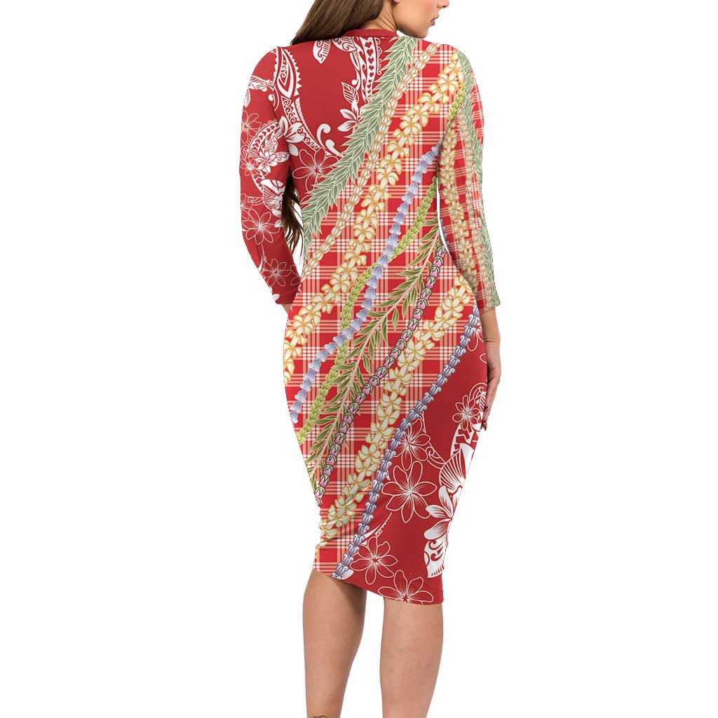 Red Palaka Hawaii Leis Long Sleeve Bodycon Dress Hawaiian-plaid Elegant Tropical Vibes - Polynesian Pride