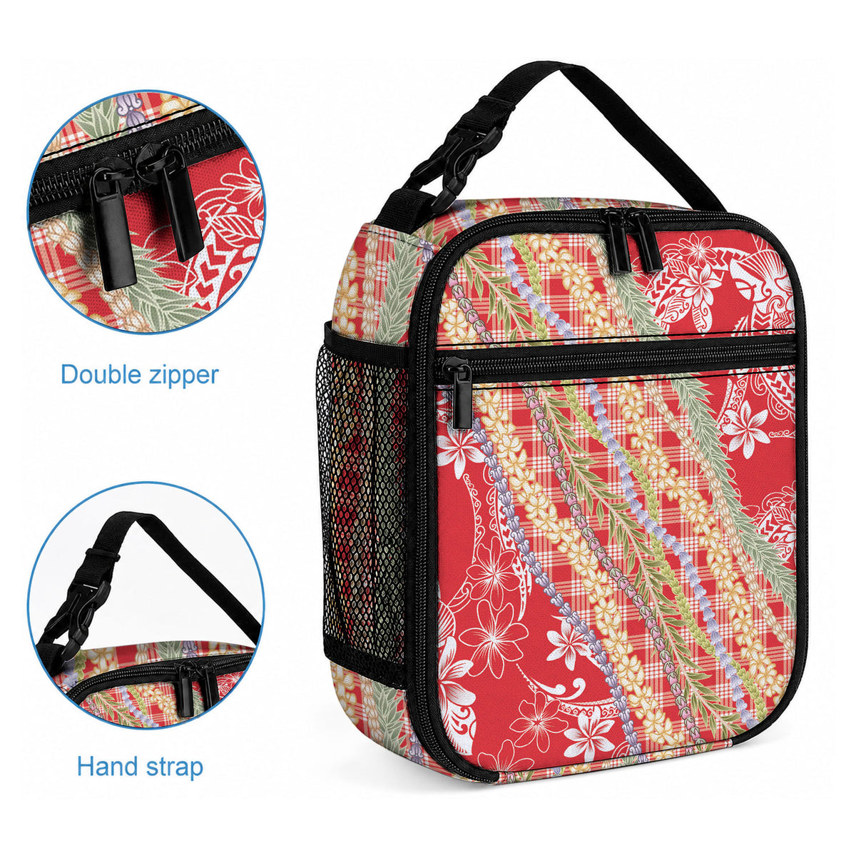 Red Palaka Hawaii Leis Lunch Bag Hawaiian-plaid Elegant Tropical Vibes