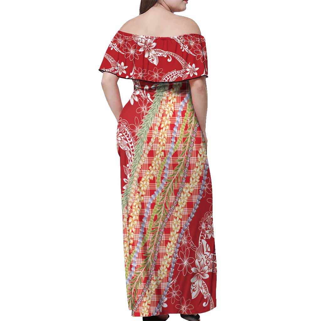Red Palaka Hawaii Leis Off Shoulder Maxi Dress Hawaiian-plaid Elegant Tropical Vibes - Polynesian Pride