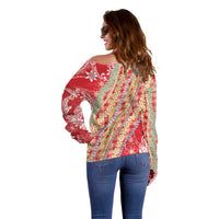 Red Palaka Hawaii Leis Off Shoulder Sweater Hawaiian-plaid Elegant Tropical Vibes - Polynesian Pride
