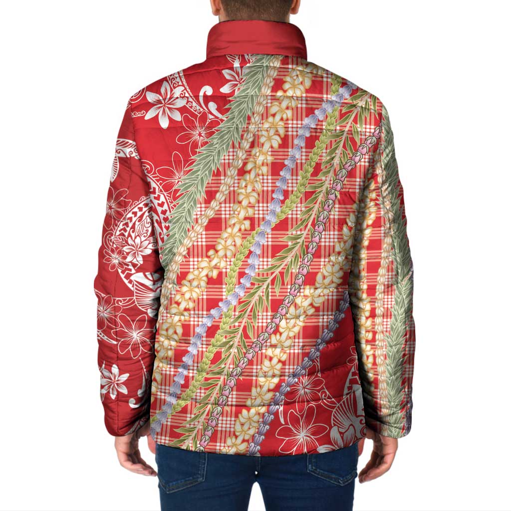 Red Palaka Hawaii Leis Padded Jacket Hawaiian-plaid Elegant Tropical Vibes - Polynesian Pride