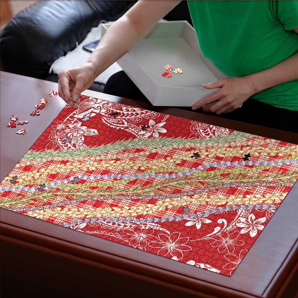 Red Palaka Hawaii Leis Puzzle Hawaiian-plaid Elegant Tropical Vibes - Polynesian Pride