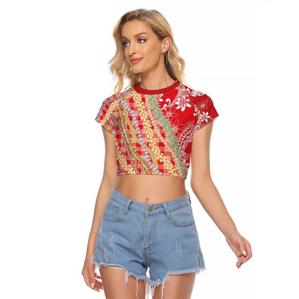 Red Palaka Hawaii Leis Raglan Cropped T Shirt Hawaiian-plaid Elegant Tropical Vibes - Polynesian Pride