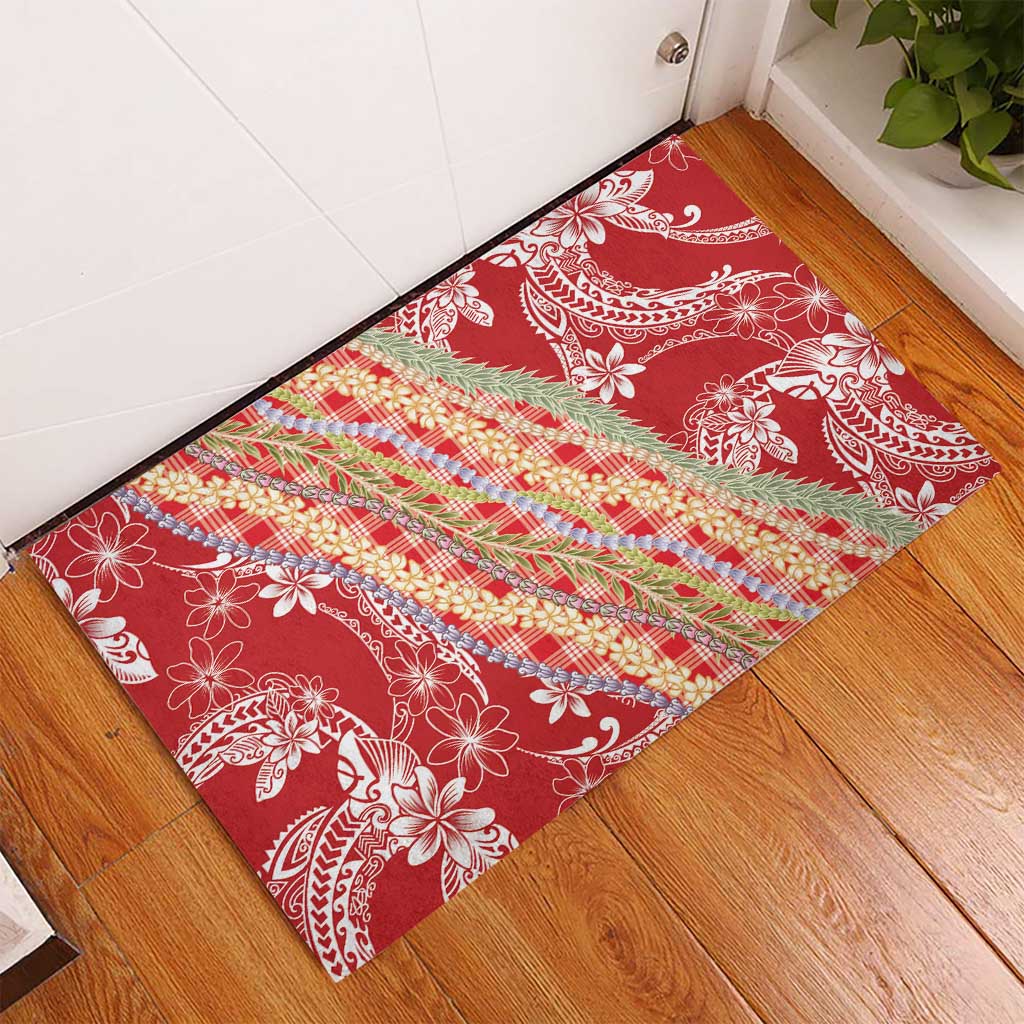 Red Palaka Hawaii Leis Rubber Doormat Hawaiian-plaid Elegant Tropical Vibes - Polynesian Pride
