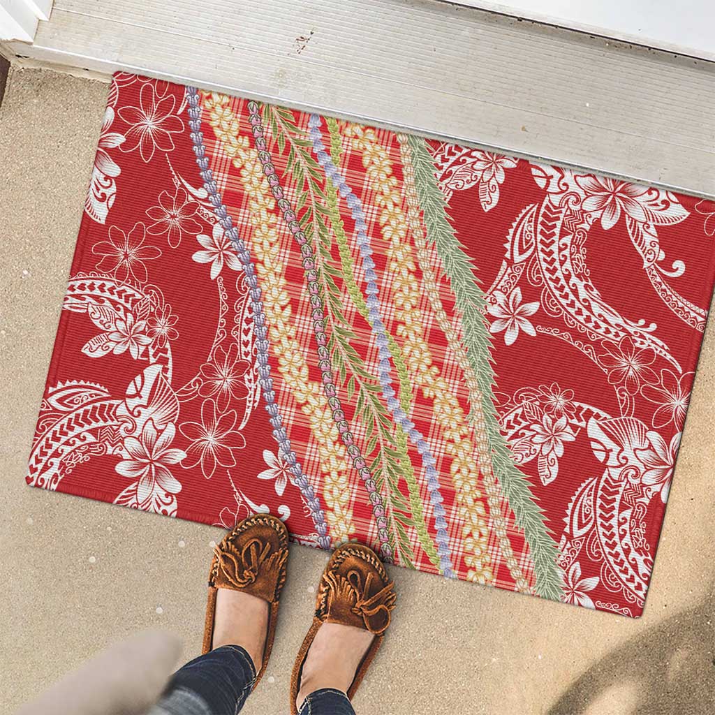Red Palaka Hawaii Leis Rubber Doormat Hawaiian-plaid Elegant Tropical Vibes - Polynesian Pride
