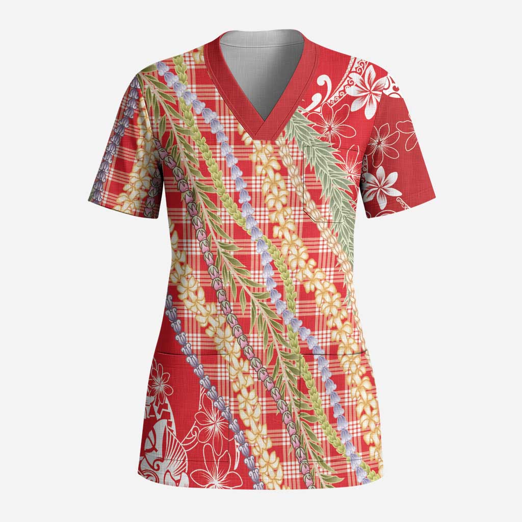 Red Palaka Hawaii Leis Scrub Top Hawaiian-plaid Elegant Tropical Vibes - Polynesian Pride