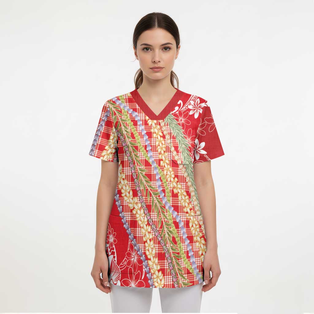 Red Palaka Hawaii Leis Scrub Top Hawaiian-plaid Elegant Tropical Vibes - Polynesian Pride
